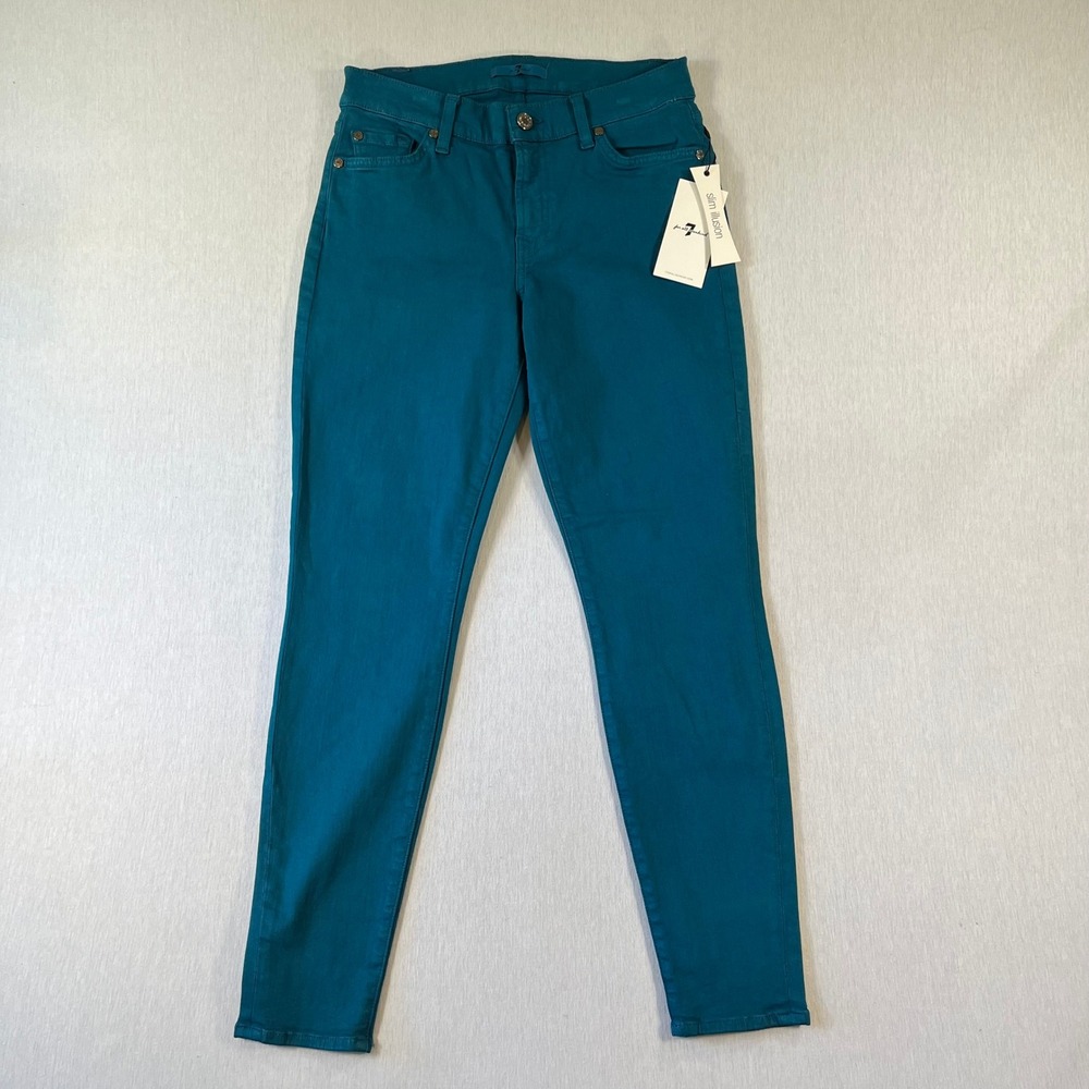 NEW 7 For All Mankind 28 Slim Illusion Skinny Jeans Teal Blue 27" Inseam NWT